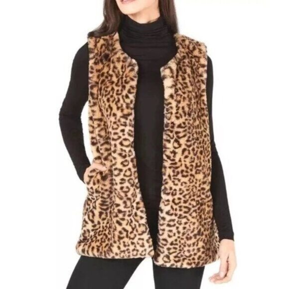 Inc Faux Fur Long Vest Women's Animal Print Leopard Tan Black - Picture 1 of 12